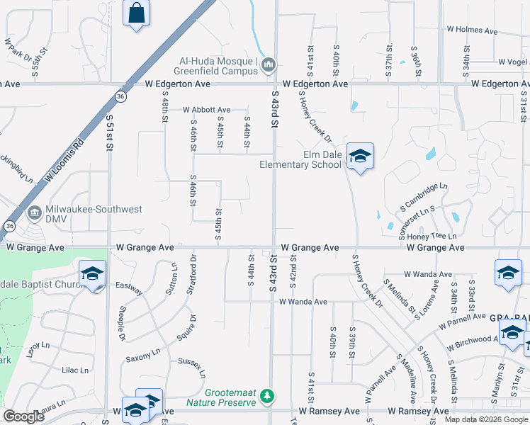 map of restaurants, bars, coffee shops, grocery stores, and more near 5415 South 43rd Street in Greenfield