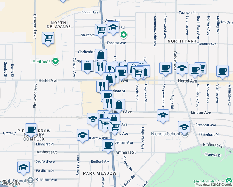 map of restaurants, bars, coffee shops, grocery stores, and more near 74 Dakota Street in Buffalo