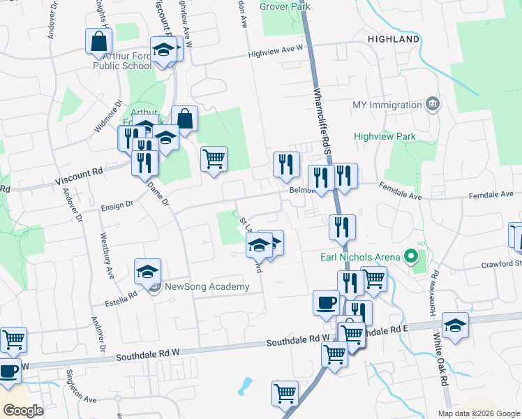 map of restaurants, bars, coffee shops, grocery stores, and more near 136 Belmont Drive in London