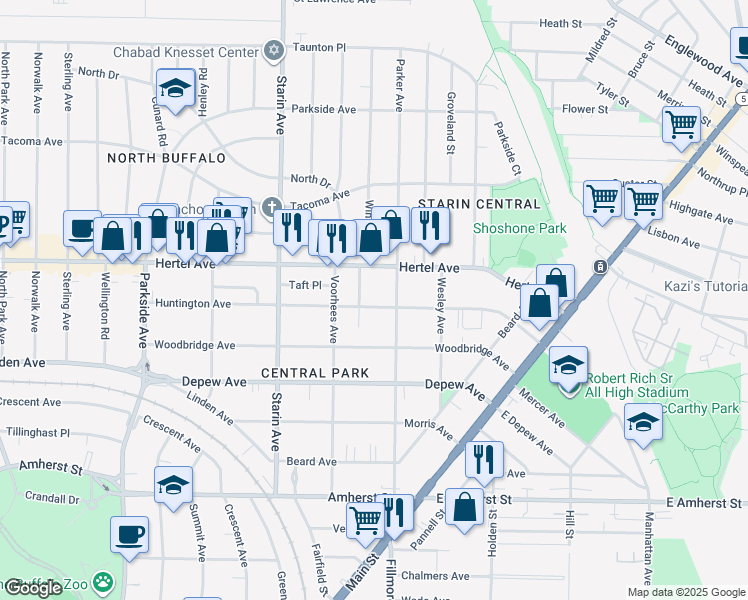 map of restaurants, bars, coffee shops, grocery stores, and more near 203 Huntington Avenue in Buffalo