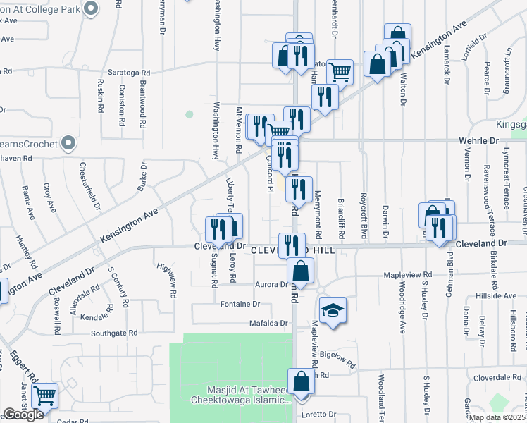 map of restaurants, bars, coffee shops, grocery stores, and more near 54 Concord Place in Buffalo