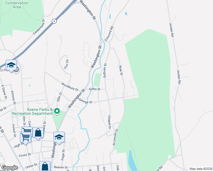 map of restaurants, bars, coffee shops, grocery stores, and more near 23 Sullivan Street in Keene