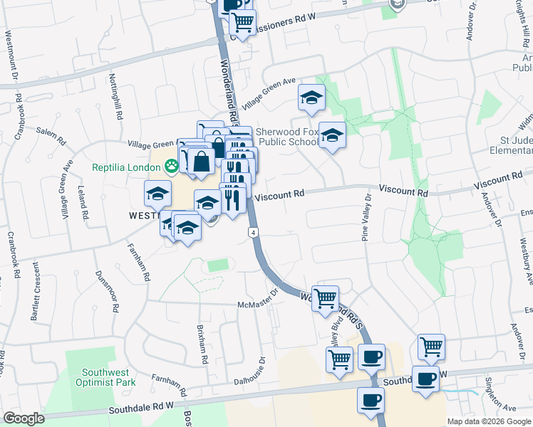 map of restaurants, bars, coffee shops, grocery stores, and more near 800 Wonderland Road South in London