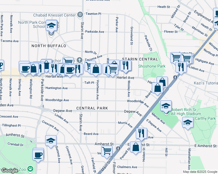 map of restaurants, bars, coffee shops, grocery stores, and more near 205 Huntington Avenue in Buffalo