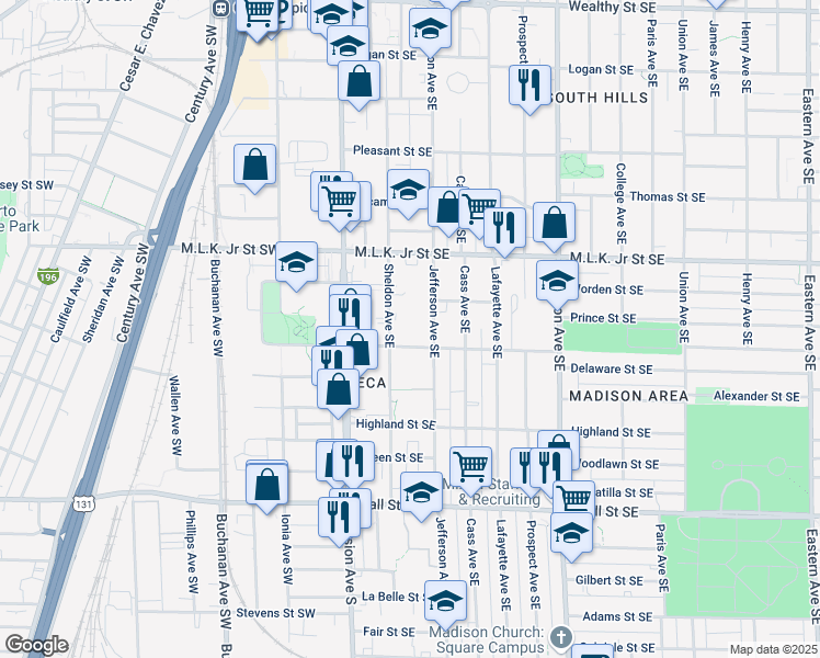 map of restaurants, bars, coffee shops, grocery stores, and more near 121 Delaware Street Southeast in Grand Rapids