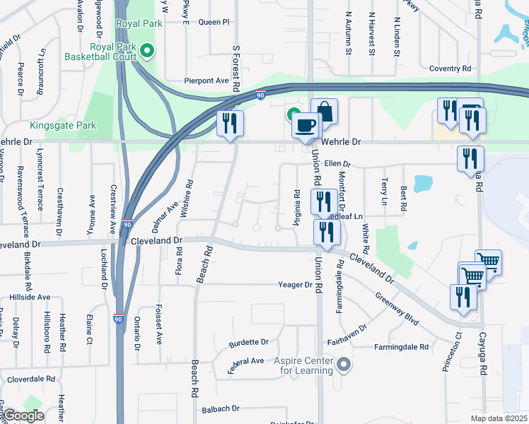 map of restaurants, bars, coffee shops, grocery stores, and more near 29 Jean Terrace in Buffalo