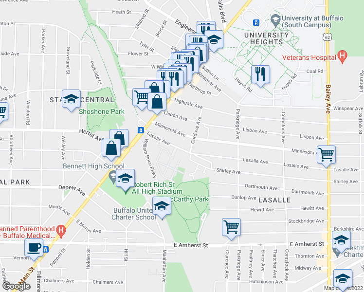 map of restaurants, bars, coffee shops, grocery stores, and more near 98 Lasalle Avenue in Buffalo