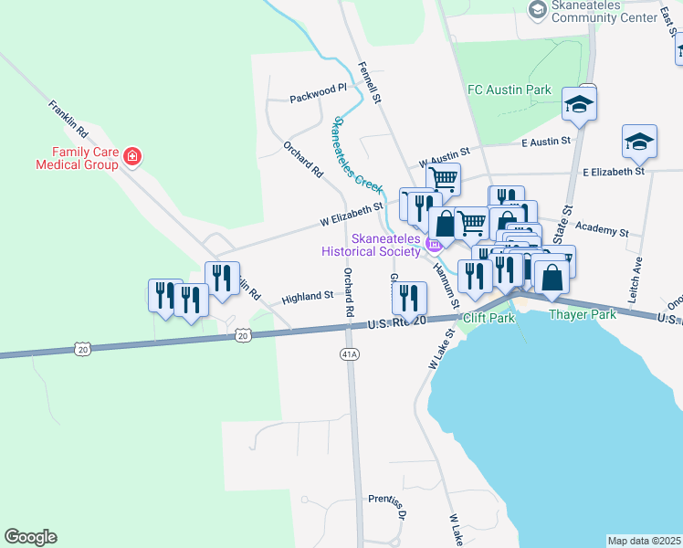 map of restaurants, bars, coffee shops, grocery stores, and more near 18 Orchard Road in Skaneateles