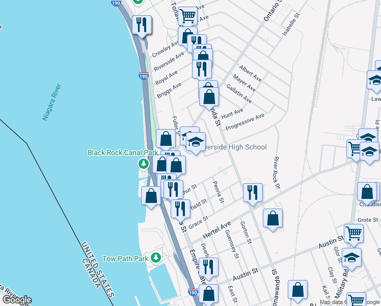 map of restaurants, bars, coffee shops, grocery stores, and more near 51 Ontario Street in Buffalo
