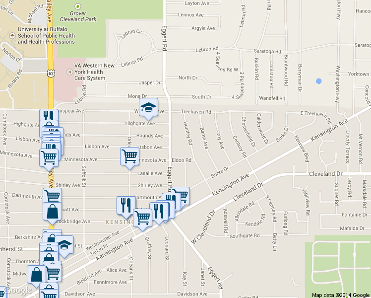 map of restaurants, bars, coffee shops, grocery stores, and more near 116 Huntley Rd in Buffalo