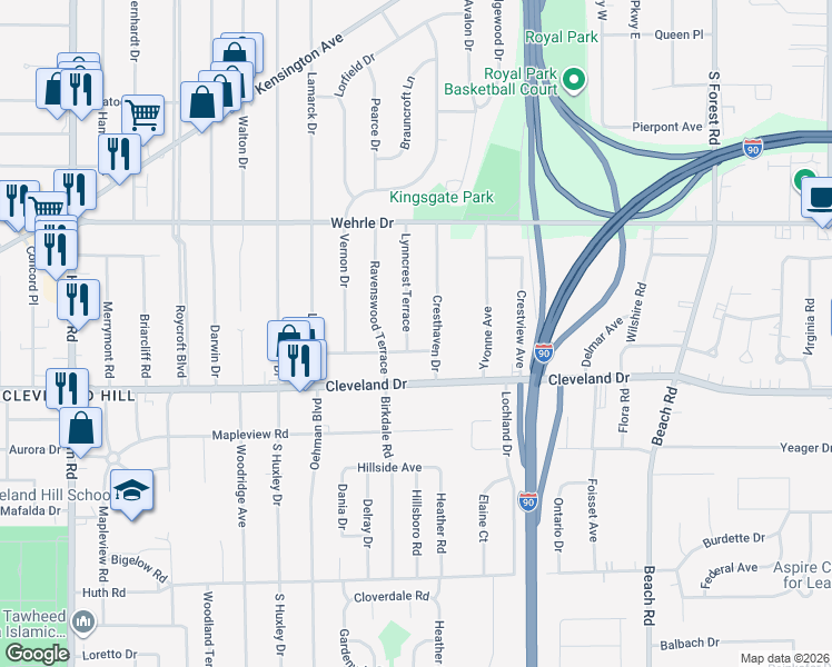 map of restaurants, bars, coffee shops, grocery stores, and more near 15 Lynncrest Terrace in Buffalo