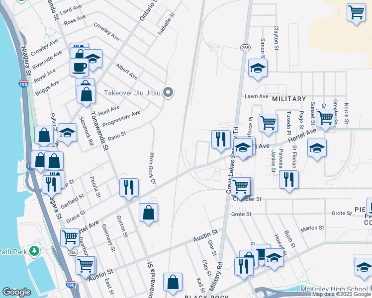 map of restaurants, bars, coffee shops, grocery stores, and more near 42 Foundry Street in Buffalo