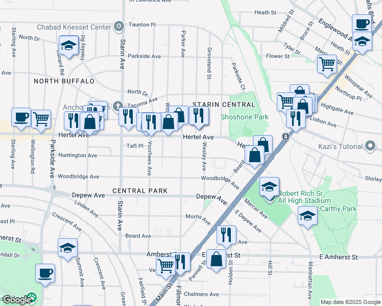 map of restaurants, bars, coffee shops, grocery stores, and more near 161 Huntington Avenue in Buffalo