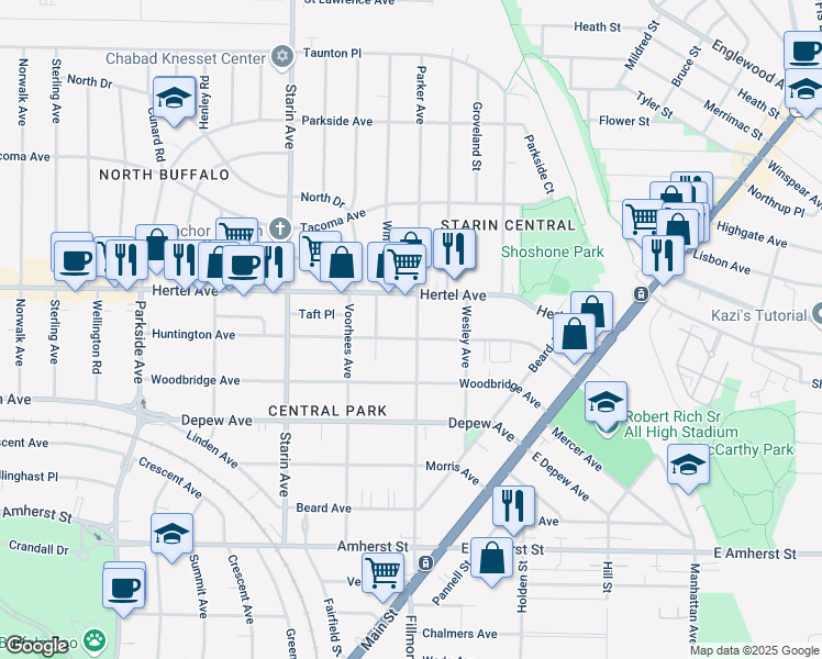 map of restaurants, bars, coffee shops, grocery stores, and more near 161 Huntington Avenue in Buffalo