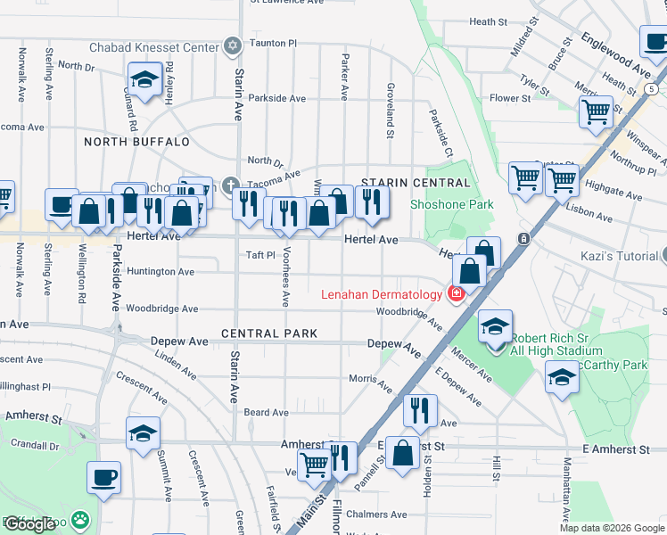 map of restaurants, bars, coffee shops, grocery stores, and more near 203 Huntington Avenue in Buffalo