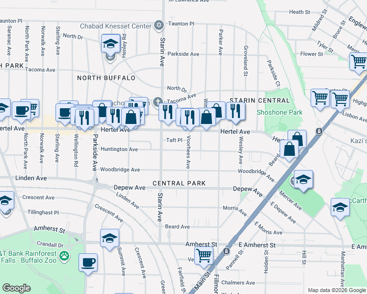 map of restaurants, bars, coffee shops, grocery stores, and more near 243 Huntington Avenue in Buffalo