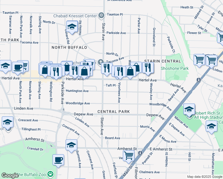 map of restaurants, bars, coffee shops, grocery stores, and more near 285 Huntington Avenue in Buffalo