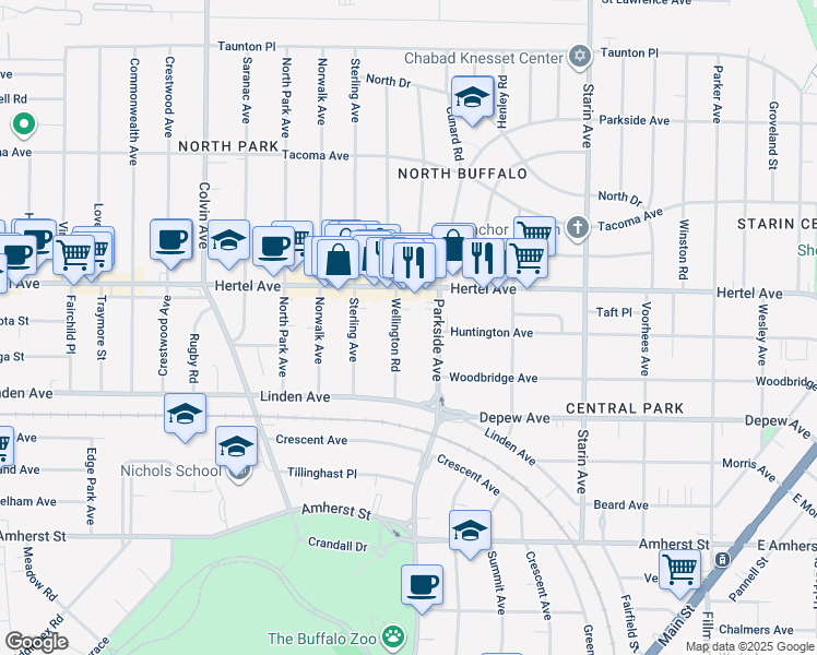 map of restaurants, bars, coffee shops, grocery stores, and more near 612 Parkside Avenue in Buffalo