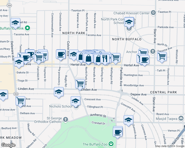 map of restaurants, bars, coffee shops, grocery stores, and more near 70 Norwalk Avenue in Buffalo