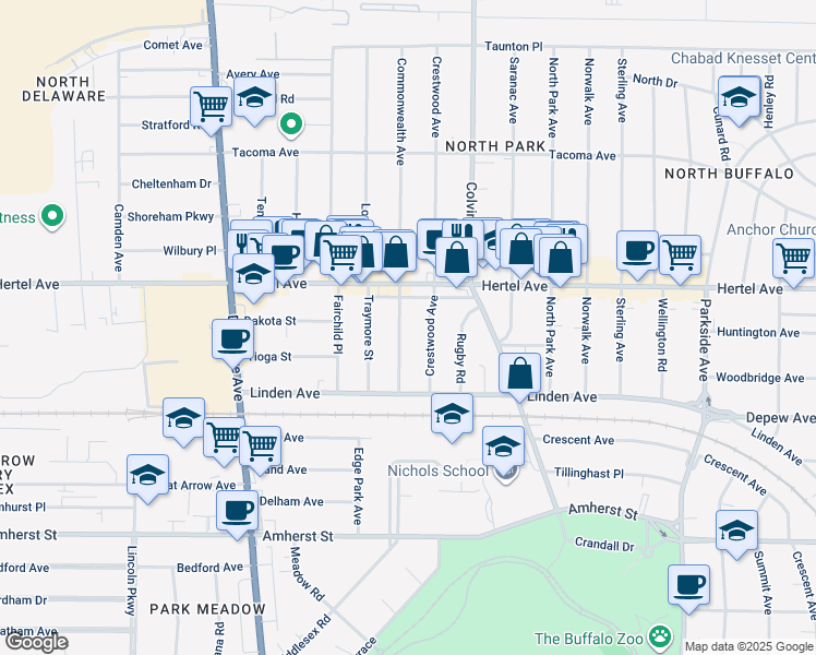 map of restaurants, bars, coffee shops, grocery stores, and more near 68 Crestwood Avenue in Buffalo