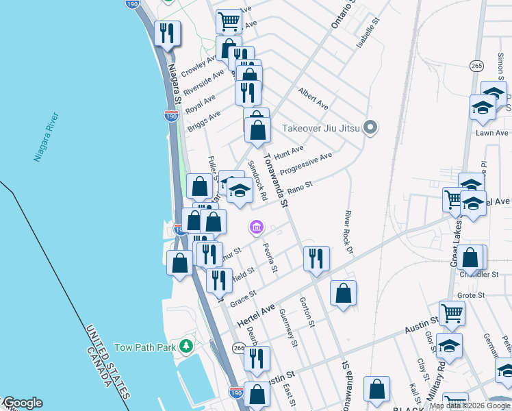 map of restaurants, bars, coffee shops, grocery stores, and more near 11 Humphrey Road in Buffalo