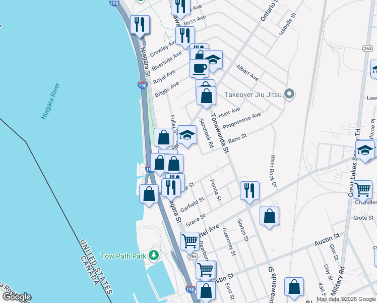 map of restaurants, bars, coffee shops, grocery stores, and more near 51 Ontario Street in Buffalo