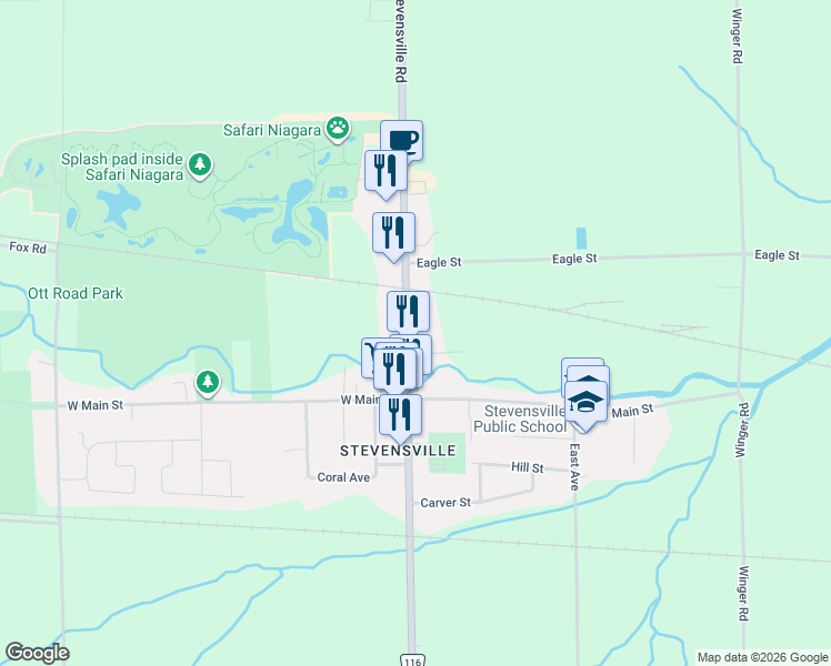 map of restaurants, bars, coffee shops, grocery stores, and more near 2632 Stevensville Road in Fort Erie