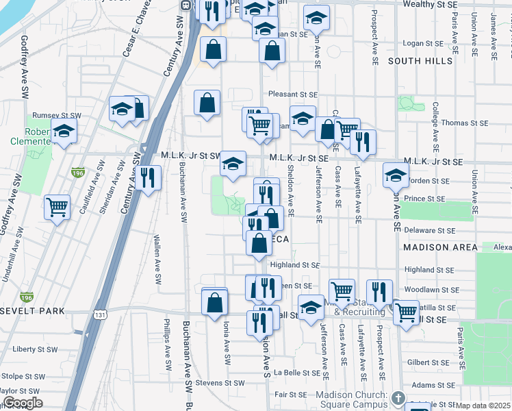 map of restaurants, bars, coffee shops, grocery stores, and more near 877-929 Division Avenue South in Grand Rapids