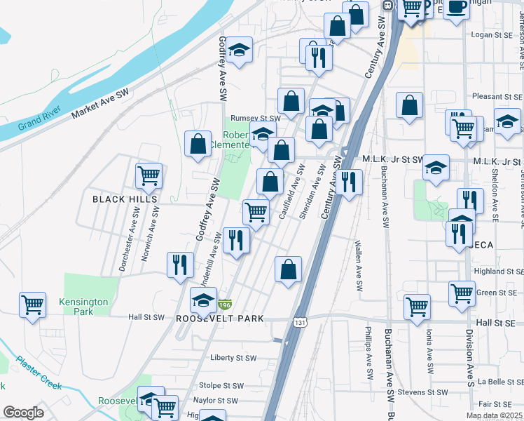 map of restaurants, bars, coffee shops, grocery stores, and more near in Grand Rapids