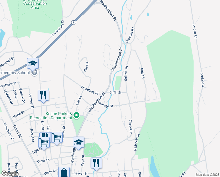 map of restaurants, bars, coffee shops, grocery stores, and more near 491 Washington Street in Keene