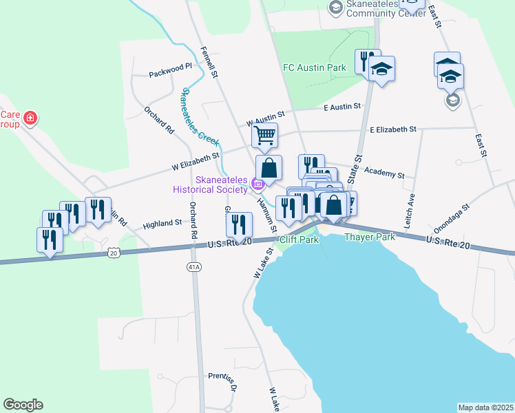 map of restaurants, bars, coffee shops, grocery stores, and more near 21 Hannum Street in Skaneateles