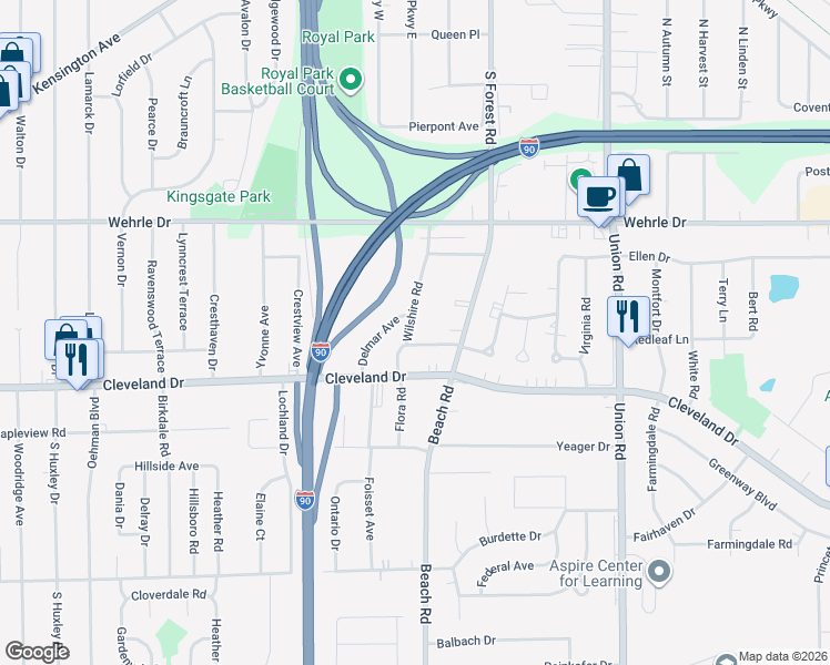 map of restaurants, bars, coffee shops, grocery stores, and more near 39 Wilshire Road in Cheektowaga