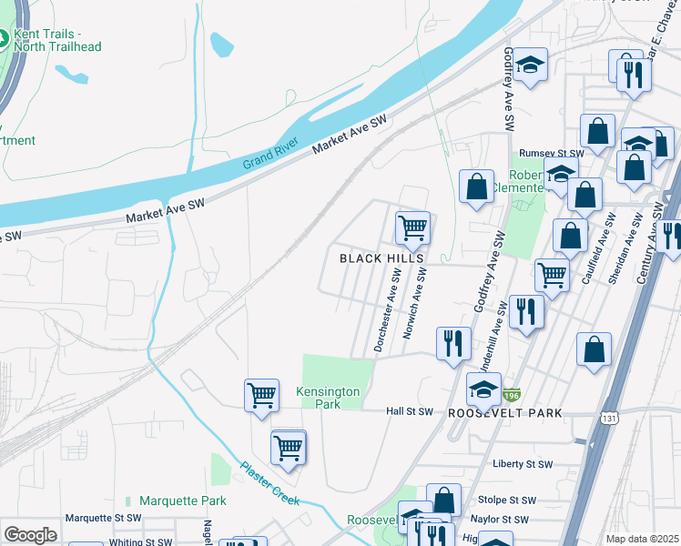 map of restaurants, bars, coffee shops, grocery stores, and more near 931 Merrill Avenue Southwest in Grand Rapids