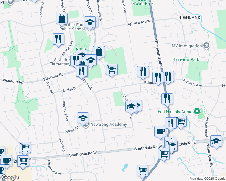 map of restaurants, bars, coffee shops, grocery stores, and more near 180 Belmont Drive in London