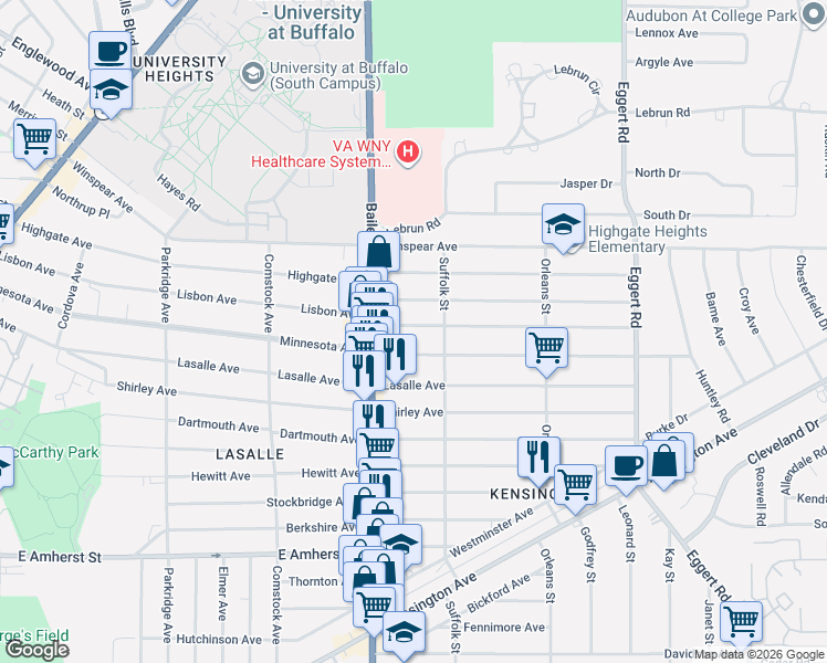 map of restaurants, bars, coffee shops, grocery stores, and more near 441 Lisbon Avenue in Buffalo