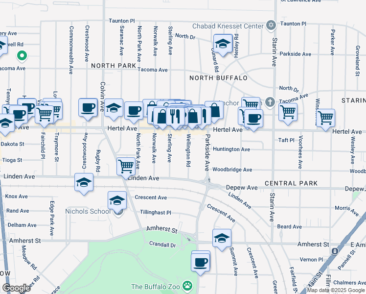 map of restaurants, bars, coffee shops, grocery stores, and more near 78 Wellington Rd in Buffalo