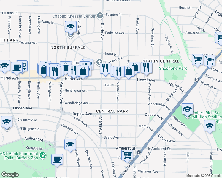 map of restaurants, bars, coffee shops, grocery stores, and more near 275 Huntington Avenue in Buffalo