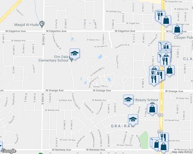 map of restaurants, bars, coffee shops, grocery stores, and more near 5421 Somerset Lane South in Greenfield