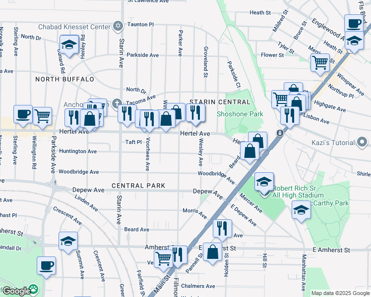 map of restaurants, bars, coffee shops, grocery stores, and more near 161 Huntington Ave in Buffalo