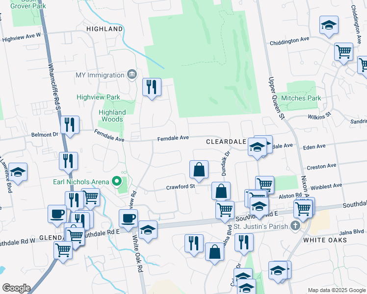 map of restaurants, bars, coffee shops, grocery stores, and more near 44 Golfview Crescent in London