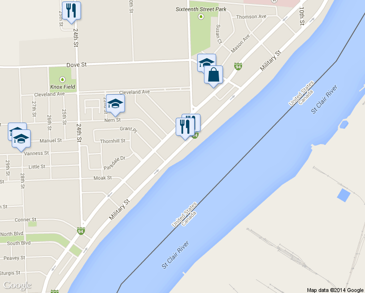 map of restaurants, bars, coffee shops, grocery stores, and more near 3200 Military Street in Port Huron