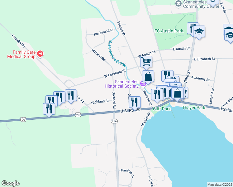 map of restaurants, bars, coffee shops, grocery stores, and more near 18 Orchard Rd in Skaneateles