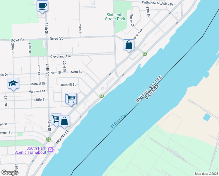 map of restaurants, bars, coffee shops, grocery stores, and more near 3200 Military Street in Port Huron