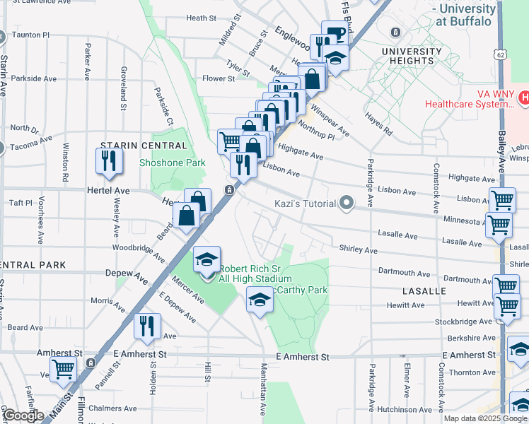 map of restaurants, bars, coffee shops, grocery stores, and more near 57 Lasalle Avenue in Buffalo
