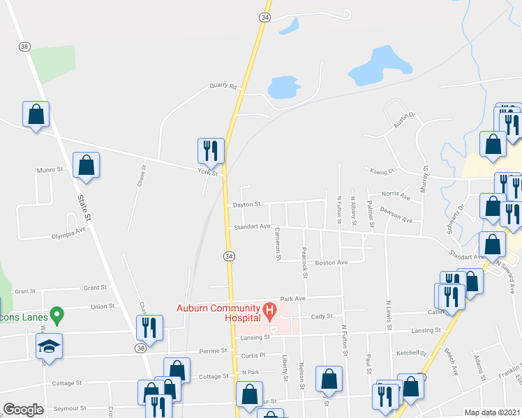 map of restaurants, bars, coffee shops, grocery stores, and more near 18 Dayton Street in Auburn