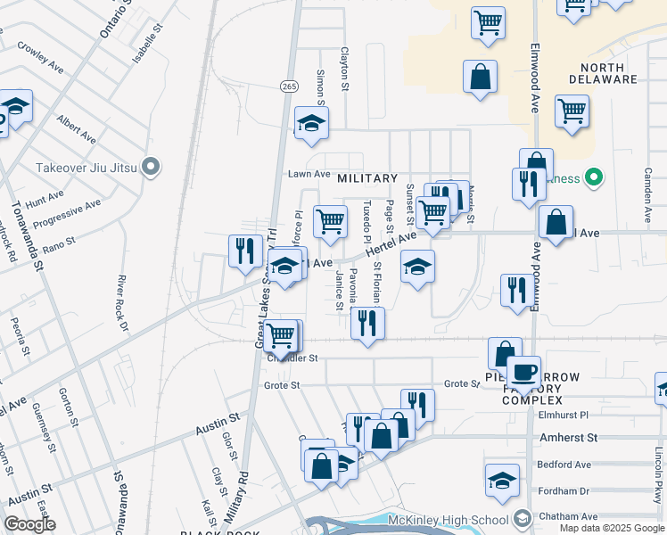 map of restaurants, bars, coffee shops, grocery stores, and more near 541 Hertel Avenue in Buffalo