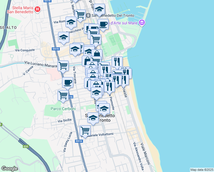 map of restaurants, bars, coffee shops, grocery stores, and more near 93 Via Piemonte in San Benedetto del Tronto