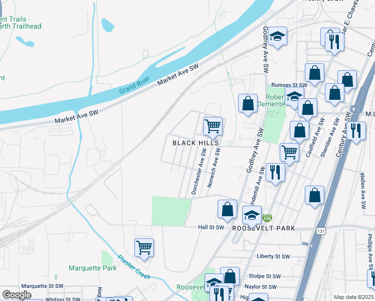 map of restaurants, bars, coffee shops, grocery stores, and more near 923 Kensington Avenue Southwest in Grand Rapids