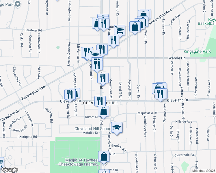 map of restaurants, bars, coffee shops, grocery stores, and more near 244 Merrymont Road in Buffalo