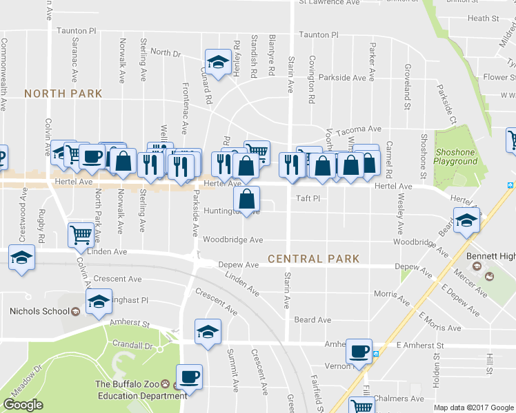 map of restaurants, bars, coffee shops, grocery stores, and more near 367 Huntington Avenue in Buffalo
